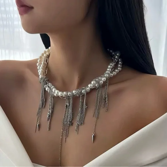Edgy Pearl & Chain Layered Choker Necklace – Statement Jewelry - Picture 1 of 6
